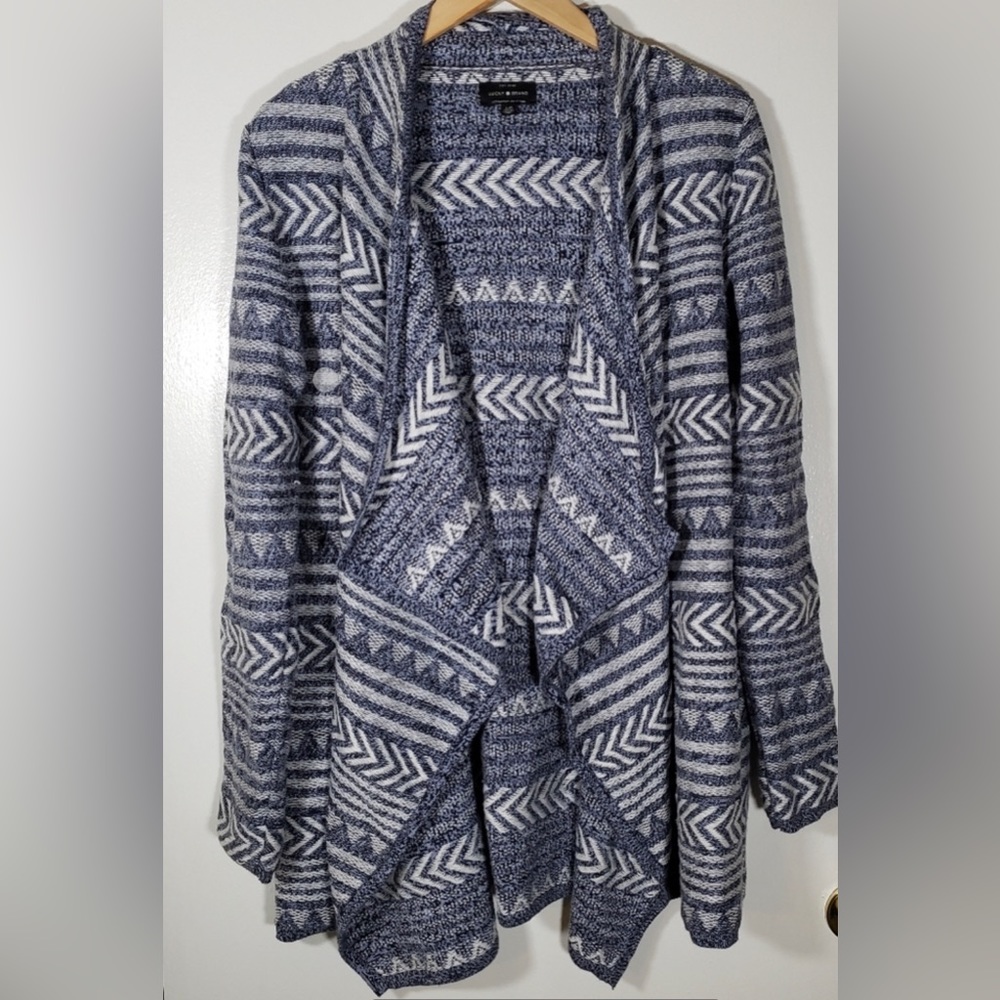 Lucky Brand Boho Aztec Print Waterfall Open Front Cardigan Sweater Size L